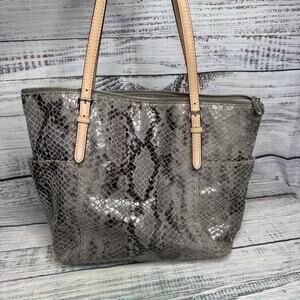 Michael Kors Snakeskin Print Tote Bag Gray Vinyl Leather Trim Shoulder Purse